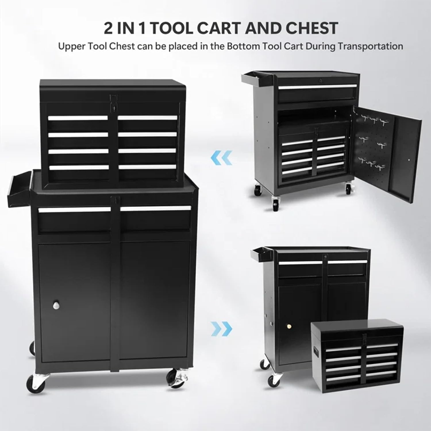 5 Drawers Rolling Tool Chest, 2-in-1 Detachable Metal Tool Storage Cabinet with Wheels, Lockable Tool Cart with Hooks for Garage, Workshop or Salon Use, Black
