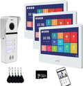 Wired Video Doorbell Apartment Intercom System 3 Units 10 Inches Touch Monitor Wireless WiFi 1080P Camera Phone Kit,Support Monitoring,Unlock for Home Villa (1 White doorbell+3 White Monitor)