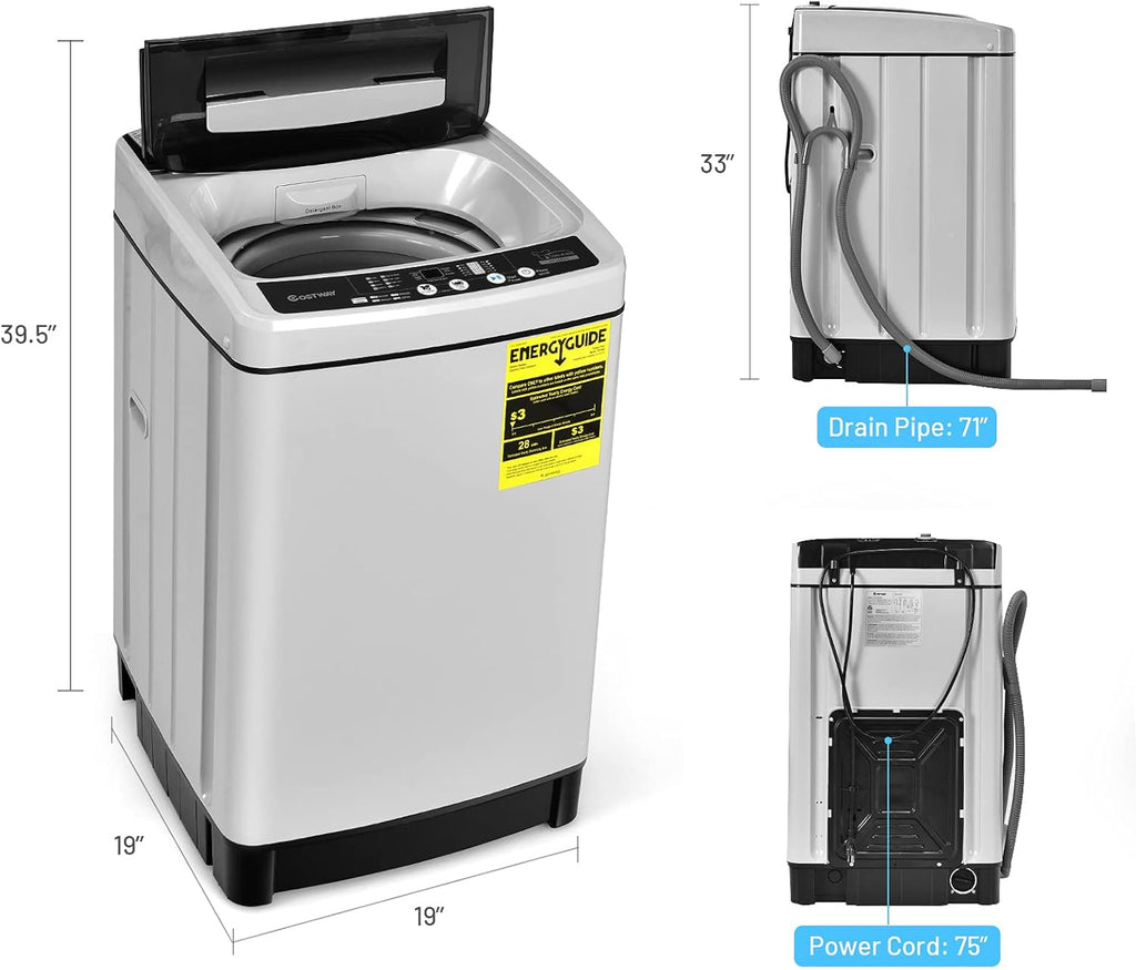 COSTWAY Portable Washing Machine, 11Lbs Capacity Full-automatic Washer with 8 Wash Programs, LED Display, 10 Water Levels, Compact Laundry Washer and Spinner Combo for Apartment Dorm, Grey