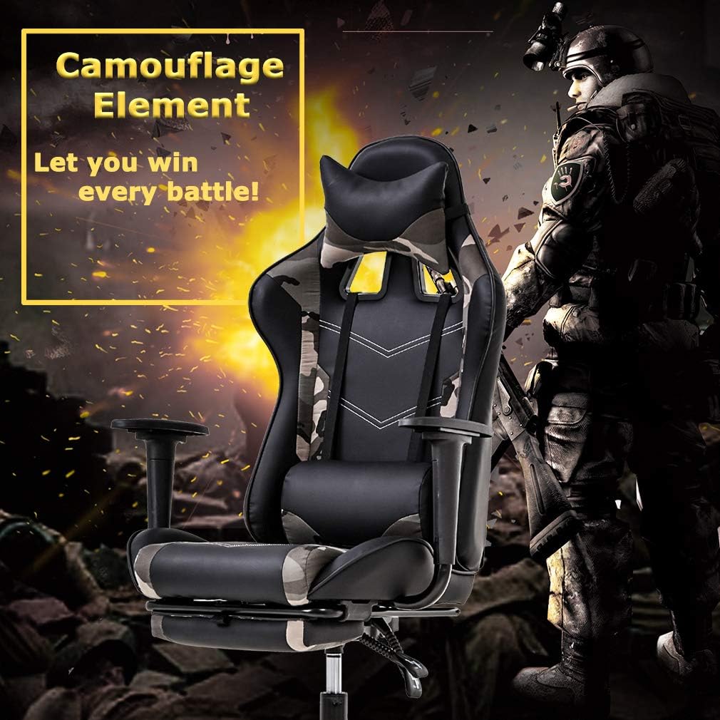 BestOffice | Ergonomic Gaming Chair | Camo | Reclining Computer Chair with Lumbar Support, Headrest Pillow, Adjustable Footrests | 360 Swivel with Heavy Duty Wheels | for Home & Office