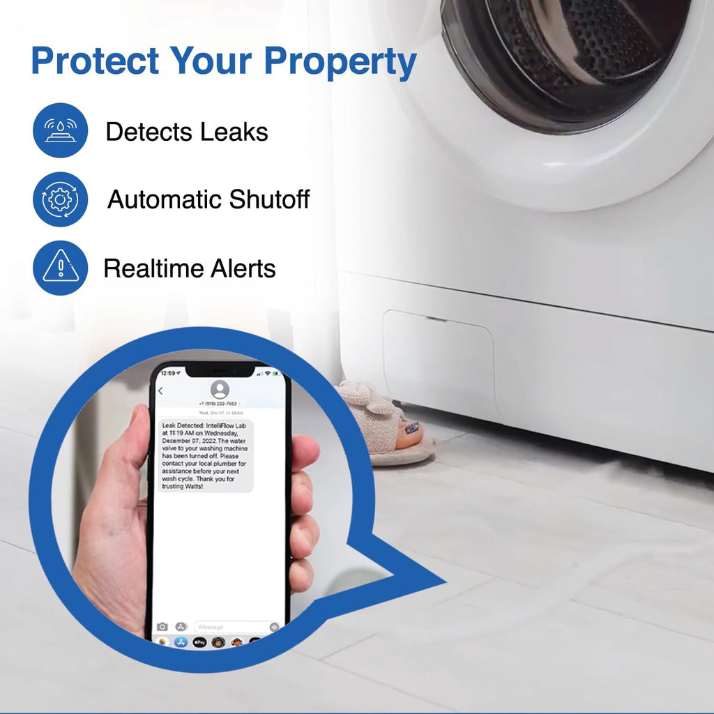 Watts A2C-SC Series Intelliflow 1/2' Washing Machine Smart Water Shutoff Valve with Leak Sensor, Inlet Adapters, Without Wall Box, Automated Flood Detection with Real-Time Text and E-Mail Alerts