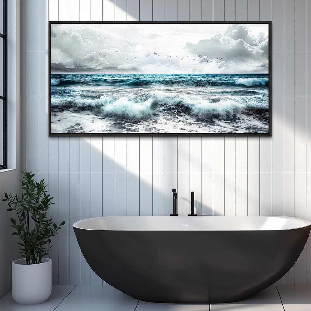 ERQINHUA Black And White Beach Wall Painting Large Canvas Wall Art For Living Room Wall Decor For Bedroom Office Wall Decor Blue Sea Wave Pictures Artwork Hotel Home Decor Black Framed 30x60 In