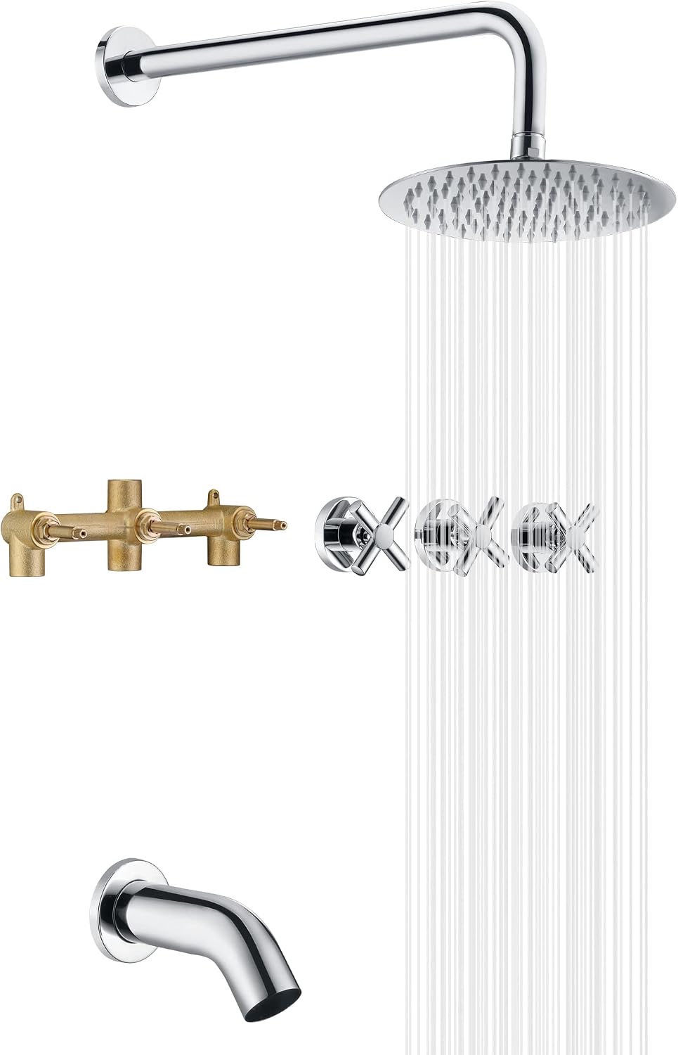 SUMERAIN 3 Handle Shower Faucet Set with Tub Spout and 8' Rain Shower Head, Tub and Shower Trim Kit with Rough-in Valve Chrome