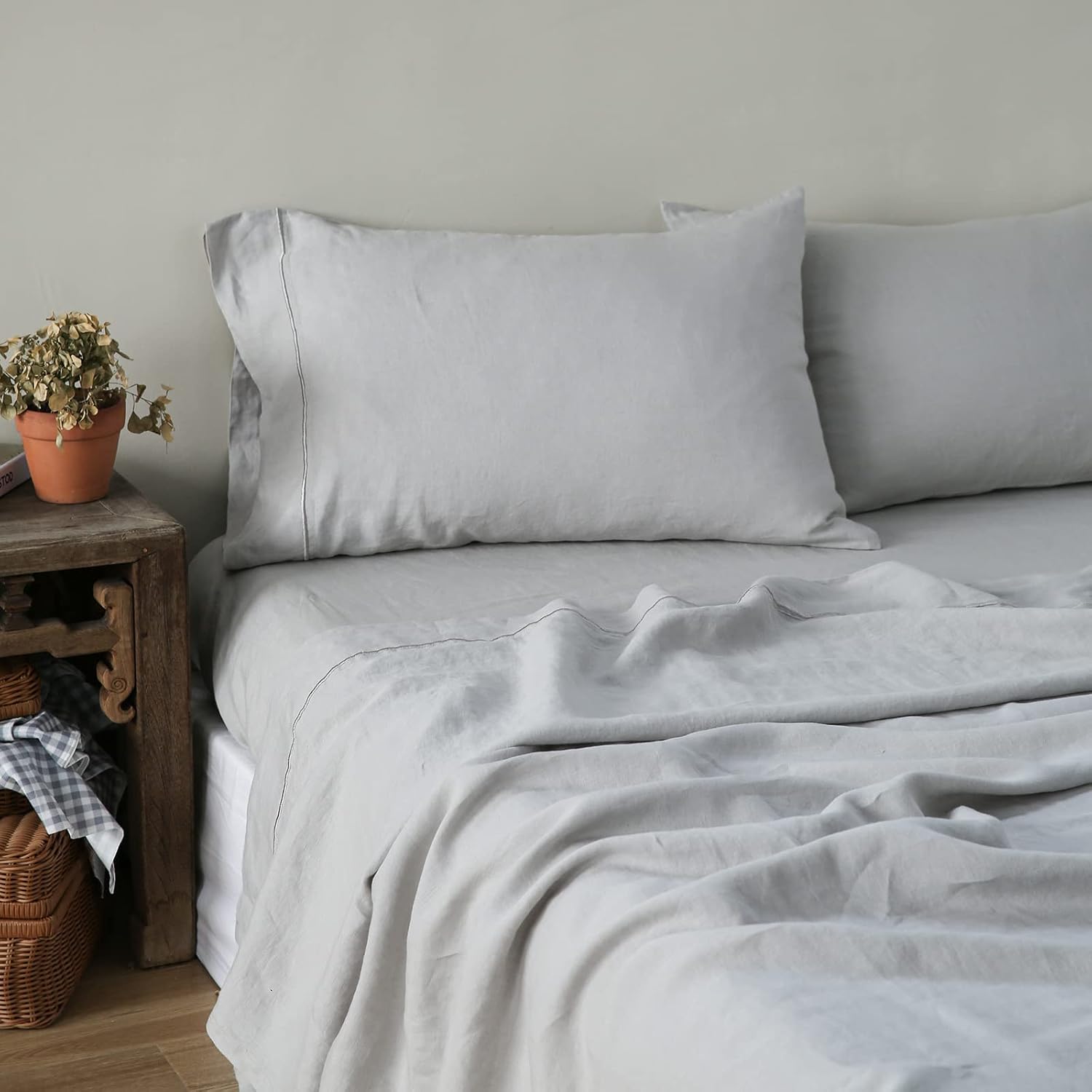Simple&Opulence 100% Linen Sheet Set with Embroidery Washed - 3 Pieces (1 Flat Sheet & 1 Fitted Sheet & 1 Pillowcase) Natural Flax Soft Bedding Breathable Farmhouse - Light Grey, Twin Size