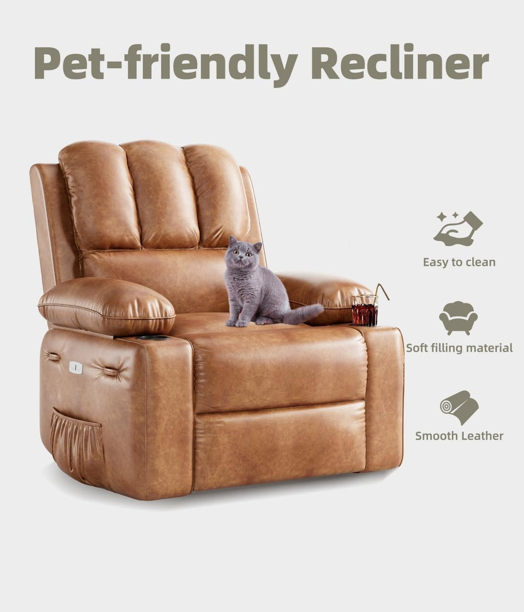GarveeHome Oversized 27' Power Recliner Chair with Heat and Massage - 360° Swivel Faux Leather Rocking Chair for Adults with Cup Holder for Living Rooms, Bedrooms, Nurseries - Coffee
