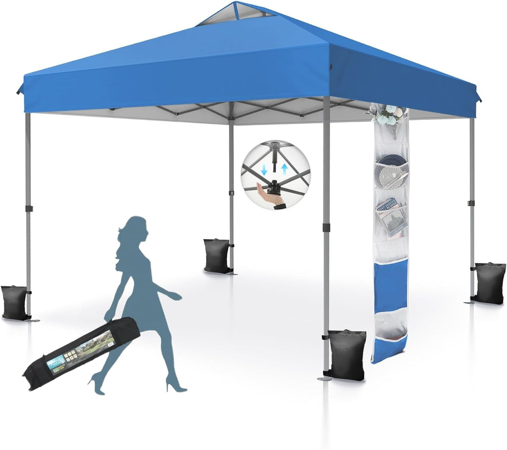 MFSTUDIO Pop Up Canopy Tent, 10x10 Canopies Outdoor One Person Push Set Up Tent Instant Portable Shelter Tents with Vented Top, Storage, 4 Sandbags, Beach Canopy,Blue