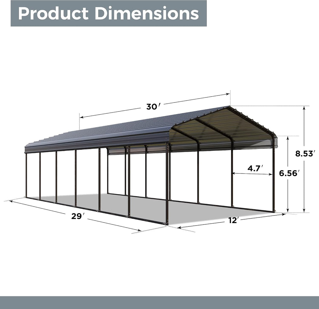 GREEN PARTY 12 x 30 ft Metal Carport Kits with Galvanized Steel Roof, Heavy Duty 2 Car Metal Carport Canopy, Outdoor Car Tent Metal Garage Shelter for Car, SUV, Truck and Boats, Grey