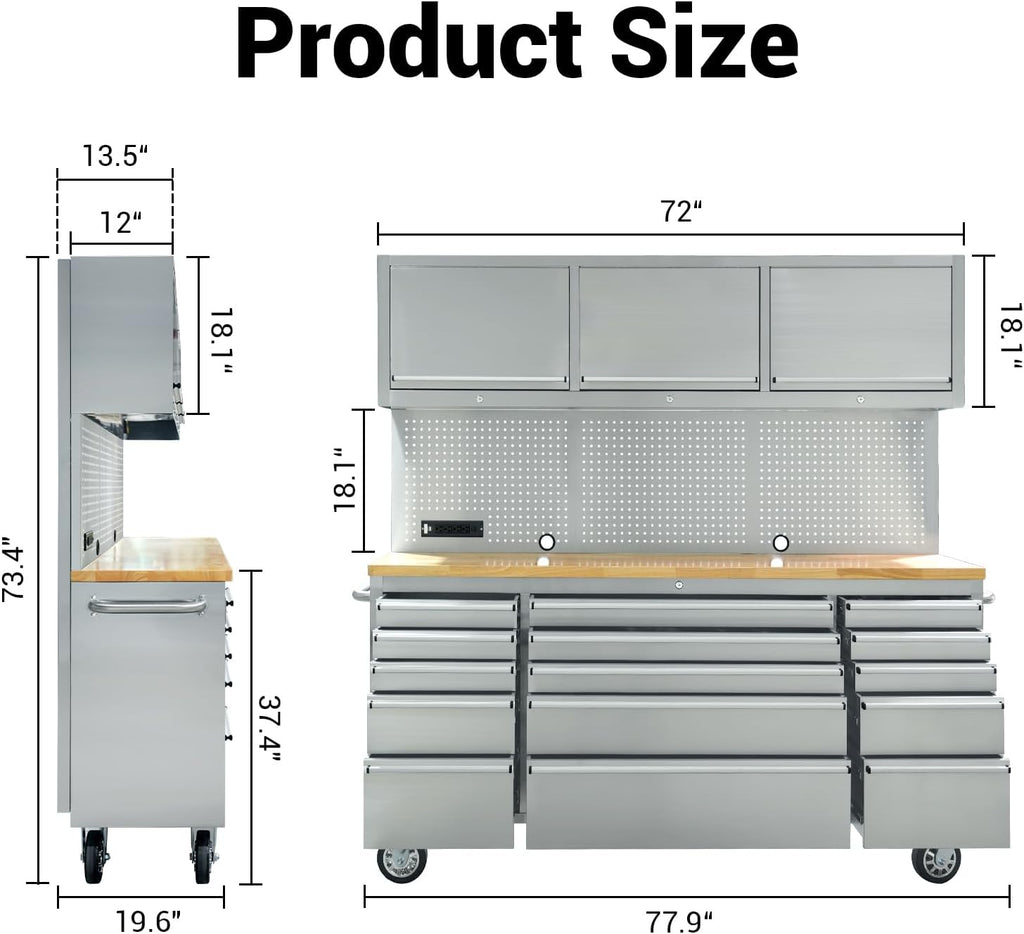 CHETTO C 72 inch Tool Box Tool Chest with Power Outlet 15 Drawers Storage Rolling Cabinet with Wheels Lock Key Locking System Drawer Liners for Garage Warehouse Repair Shop
