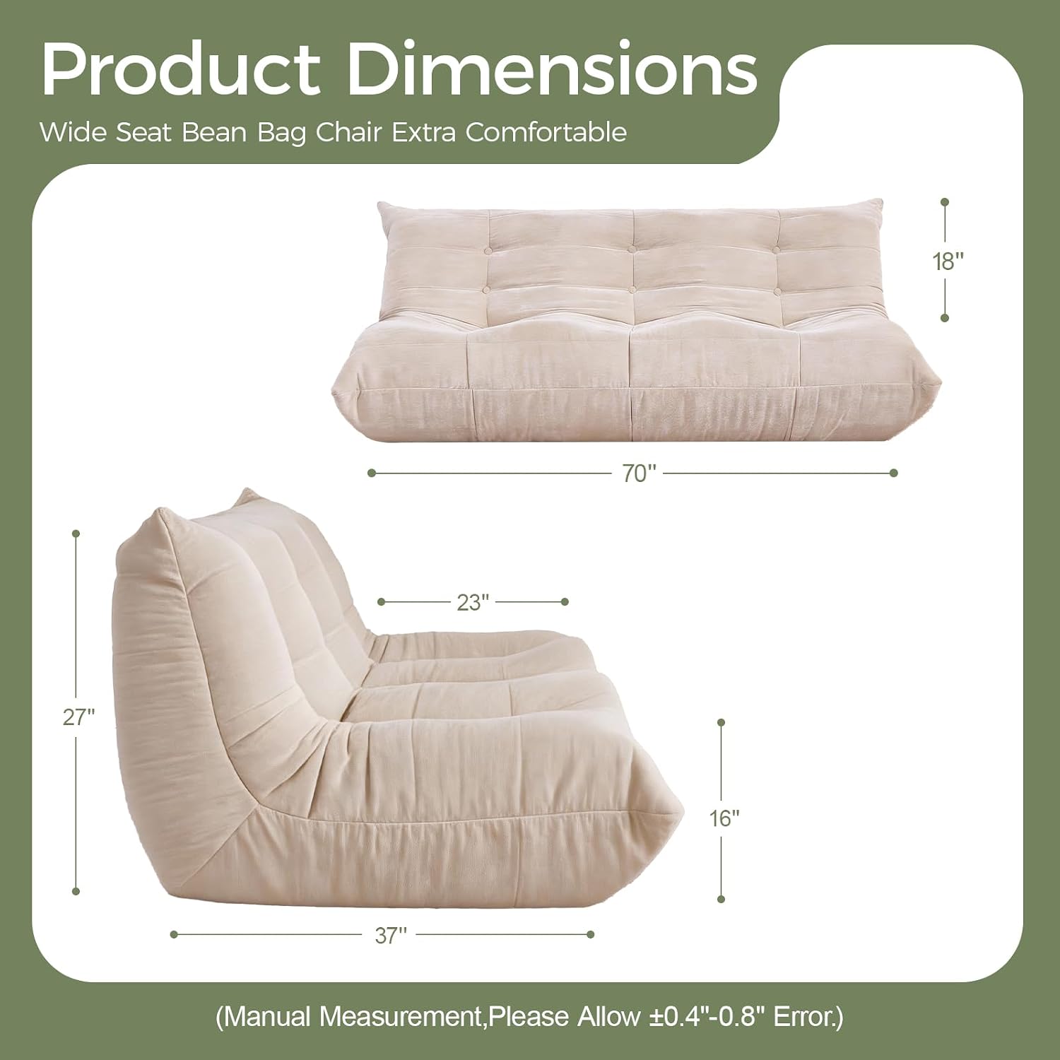 SUYOLS Bean Bag Chair, 3 Seater Fireside Chair Large Bean Bag Sofa for Adults, Memory Foam Chair Gaming Chairs with Comfy Design & Soft Fabric, Lazy Floor Sofa for Living Room, Bedroom, Beige