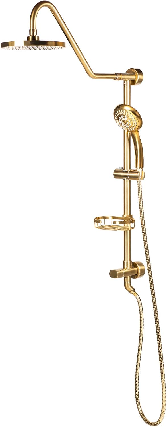 PULSE ShowerSpas Kauai III Brushed Gold Rain Shower Head with Handheld Spray - 1.8 GPM, 8' Showerhead, 5-Function HandShower, Adjustable Slide Bar - Shower Heads with Handheld Spray Combo