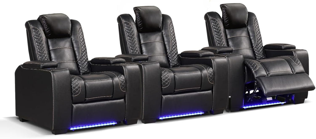 ANJ Power Theater Recliners Set of 3, Electric Home Theater Seating, Black Faux Leather Recliner with Adjustable Headrest, Movie Recliner Theater Chairs with LED,USB, Cup Holders, Hidden Arm Storage