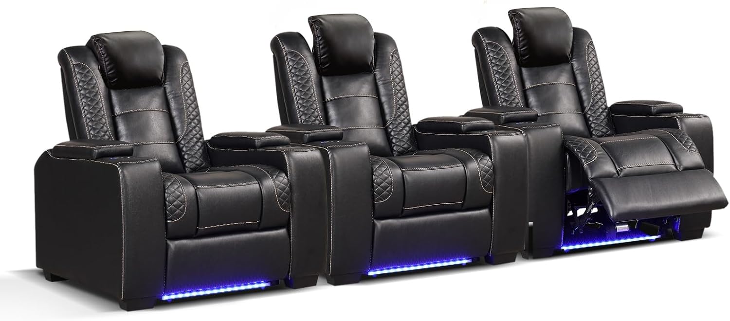 ANJ Power Theater Recliners Set of 3, Electric Home Theater Seating, Black Faux Leather Recliner with Adjustable Headrest, Movie Recliner Theater Chairs with LED,USB, Cup Holders, Hidden Arm Storage