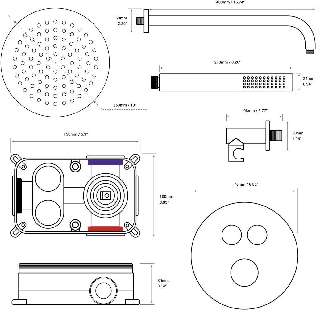 TRUSTMI 10 Inch Matte Black Shower System Push Button Diverter Wall Mounted Round Rainfall and Handheld Shower Trim Kit with Valve (Pressure Balance)