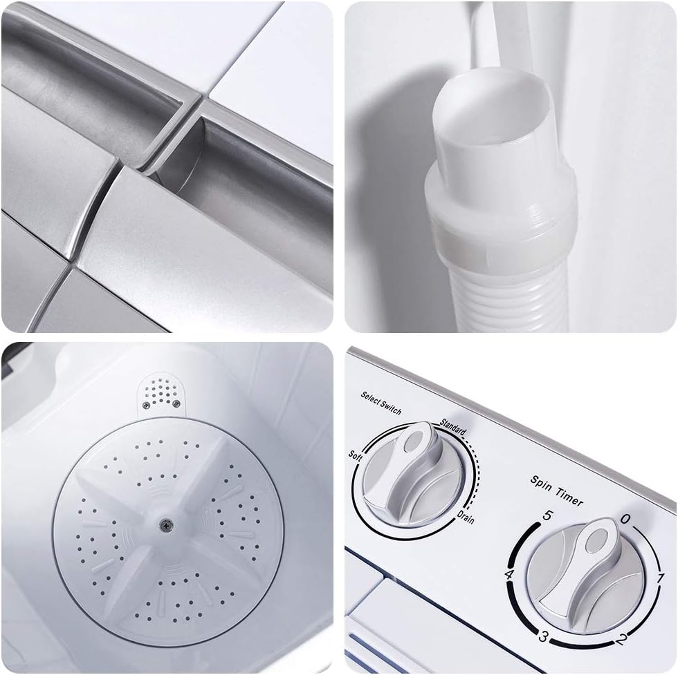 Clothes Washing Machines,SAFEPLUS Compact Mini Twin Tub Versatile Washer Machine with 8 lbs Washing &5 lbs Spin Dryer Load Capacity Gravity Drain Pump and Drain Hose for Apartment
