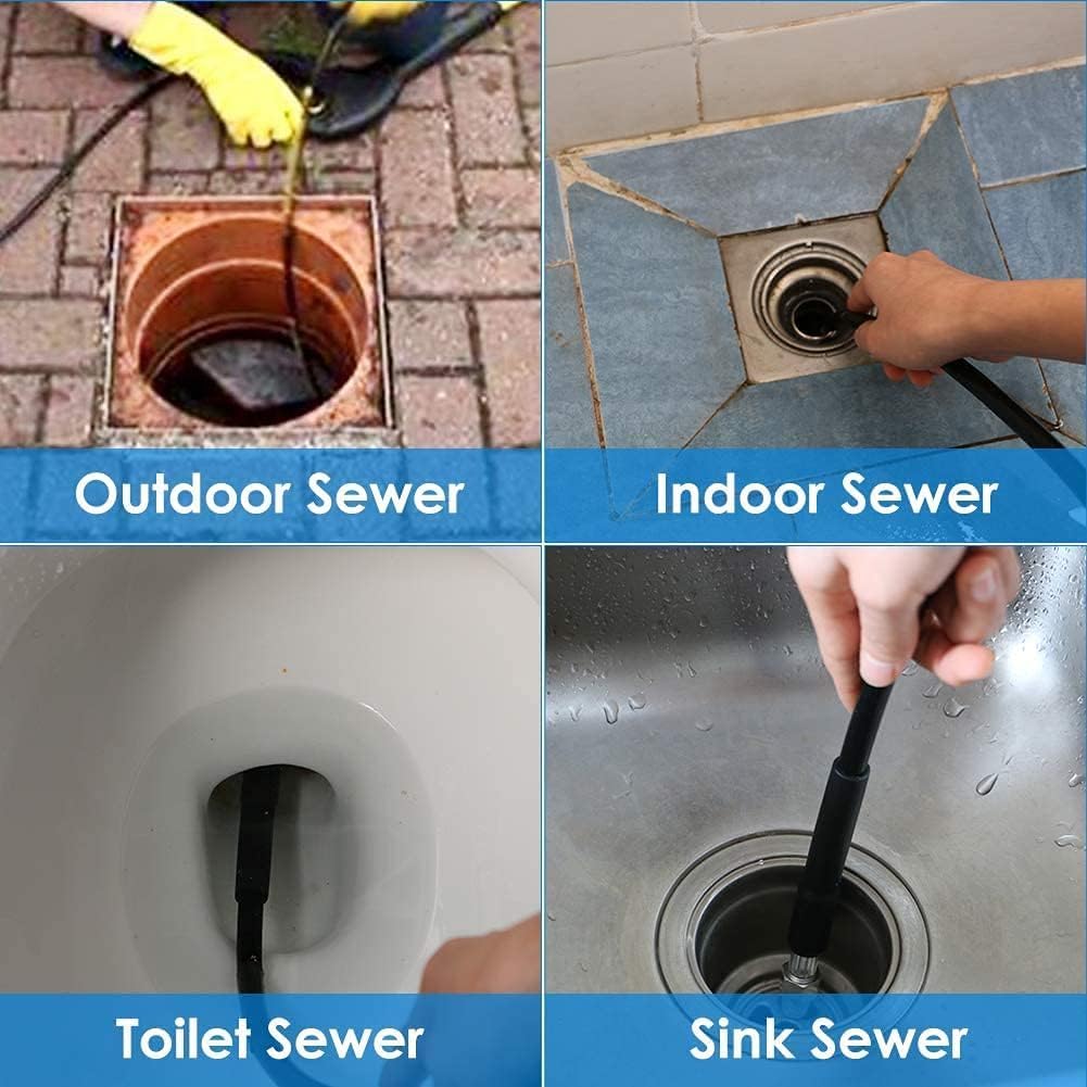 200FT Sewer Jetter Kit for Pressure Washer, 5800PSI Drain Cleaner Hose 1/4 Inch NPT Corner, Rotating and Button Hose Sewer Jetting Nozzle Pearl Corsage Pin Waterproof Tape with 2 Spanner