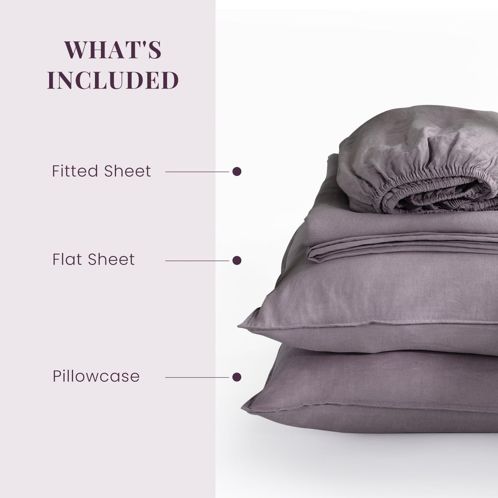 S VICTORY SYMBOL 100% Organic Linen Sheets Set King Size,Washed French Flax Bed Sheets 4 Pieces(2 Pillowcases,1 Fitted Sheet,1 Flat Sheet) 16inch Deep Pockt,Breathable,Dusty Purple