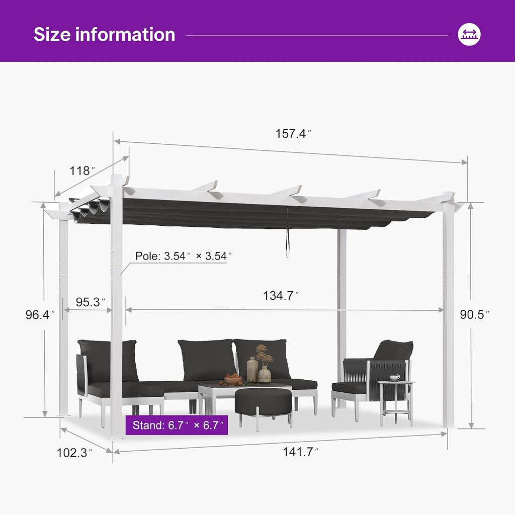 PURPLE LEAF 10' x 13' Aluminum Outdoor Pergola White Wind-Resistant Retractable Pergola with Double Sun Shade Canopy Heavy-Duty Metal Pergola for Patios Backyard Deck Garden, Grey