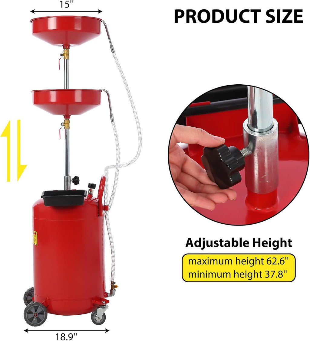 20 Gallon Oil Drain Tank, Fluid Fuel Transfer Tank, Portable Oil Drain Container, Air Operated Drainer with Wheels and a Toolbox, Adjustable Funnel Height