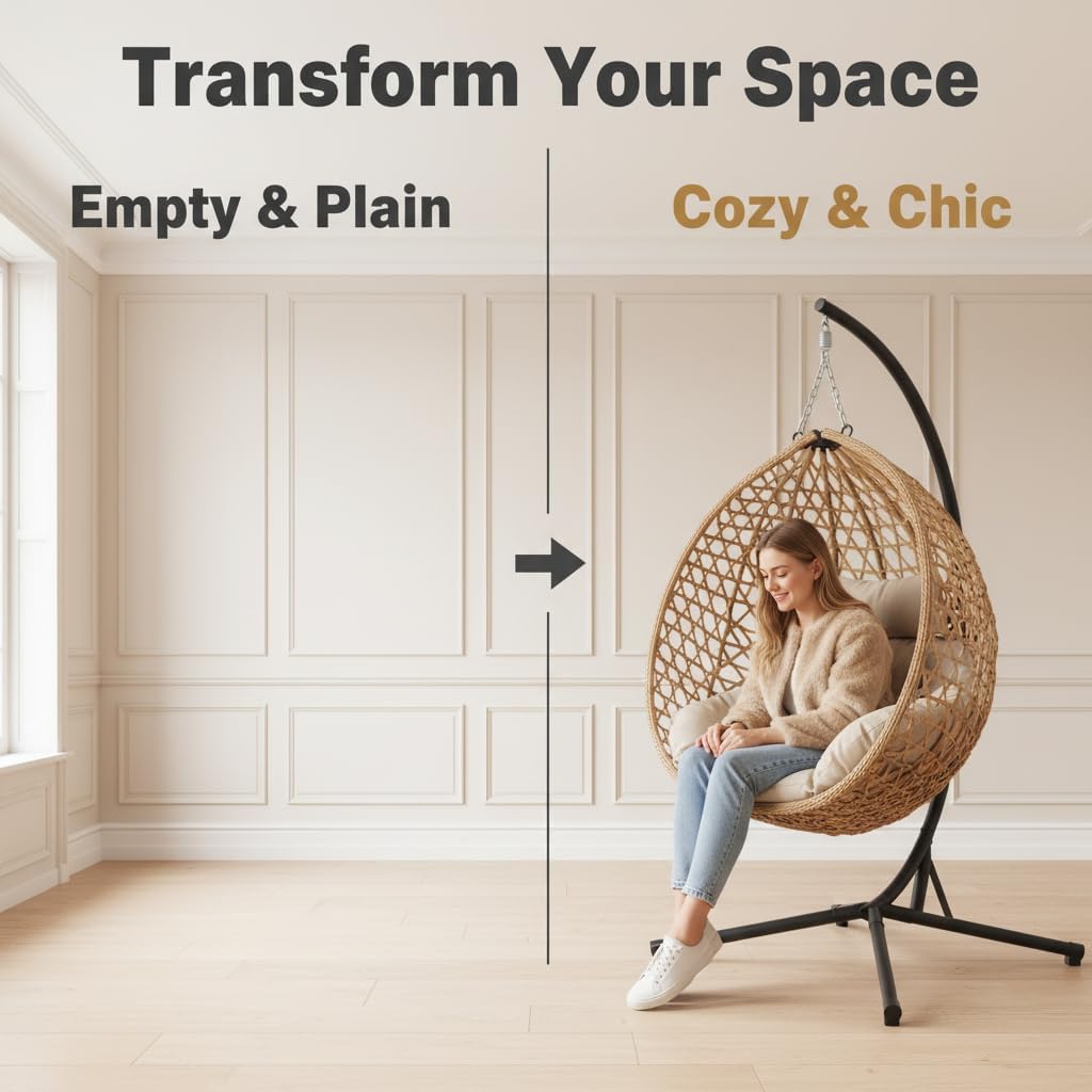 RUN.SE Hanging Egg Chair with Stand, Outdoor Indoor Egg Swing Chair with Cushion Headrest for Patio, Porch, Balcony, Bedroom, 350LBS Capacity (Dark Brown)