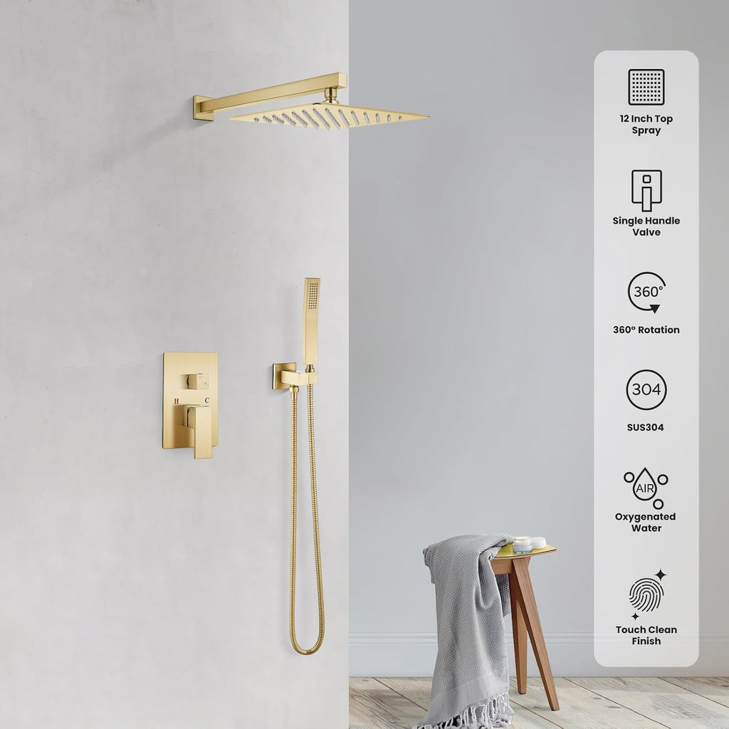 gotonovo Rainfall Bathroom Shower System Rain Shower Head and Handle Set Wall Mounted Shower Complete Combo Solid Brass Pressure Balancing Shower Mixer Valve 12 Inch Brushed Gold