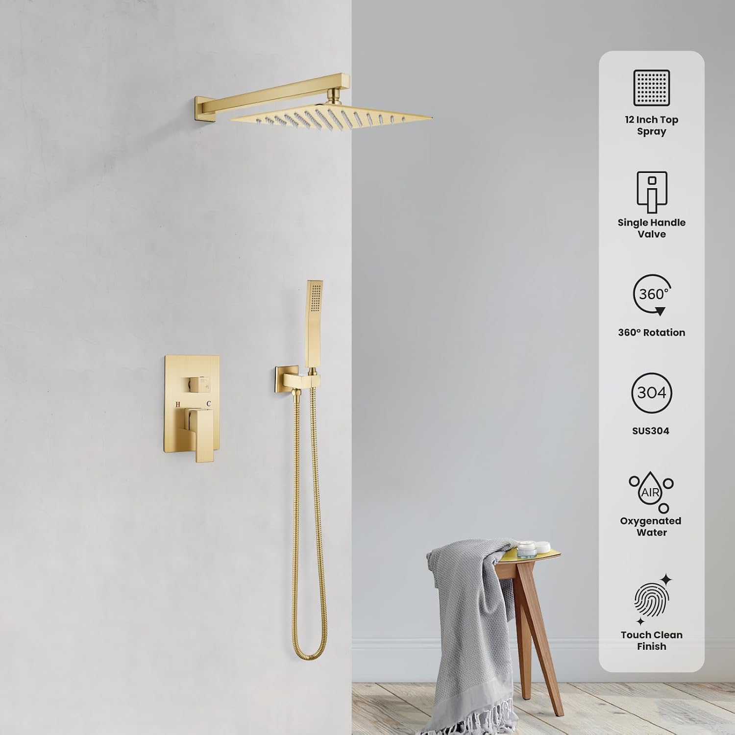 gotonovo Rainfall Bathroom Shower System Rain Shower Head and Handle Set Wall Mounted Shower Complete Combo Solid Brass Pressure Balancing Shower Mixer Valve 12 Inch Brushed Gold