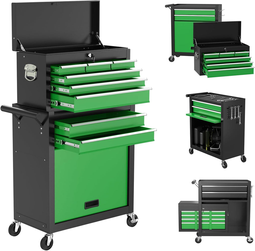 8 Drawers Rolling Tool Chest with Drawers, High Capacity Toolbox on Wheels, Lockable Drawers Tool Box Organization and Storage, Tool Cabinets on Wheels for Garage (BlackGreen, 8 Drawers)