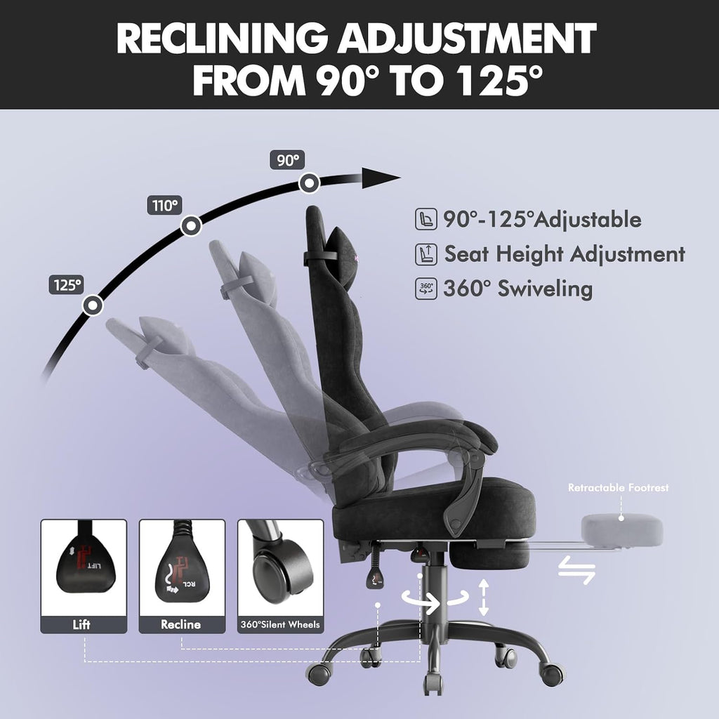 Ferghana Velvet Fabric Gaming Chair with 20.5″ Wider Seat Cushion, Fire Embroidery Ergonomic High Back Game Chair with Footrest, Computer Chair with Massage Lumbar Support for Adult, Black