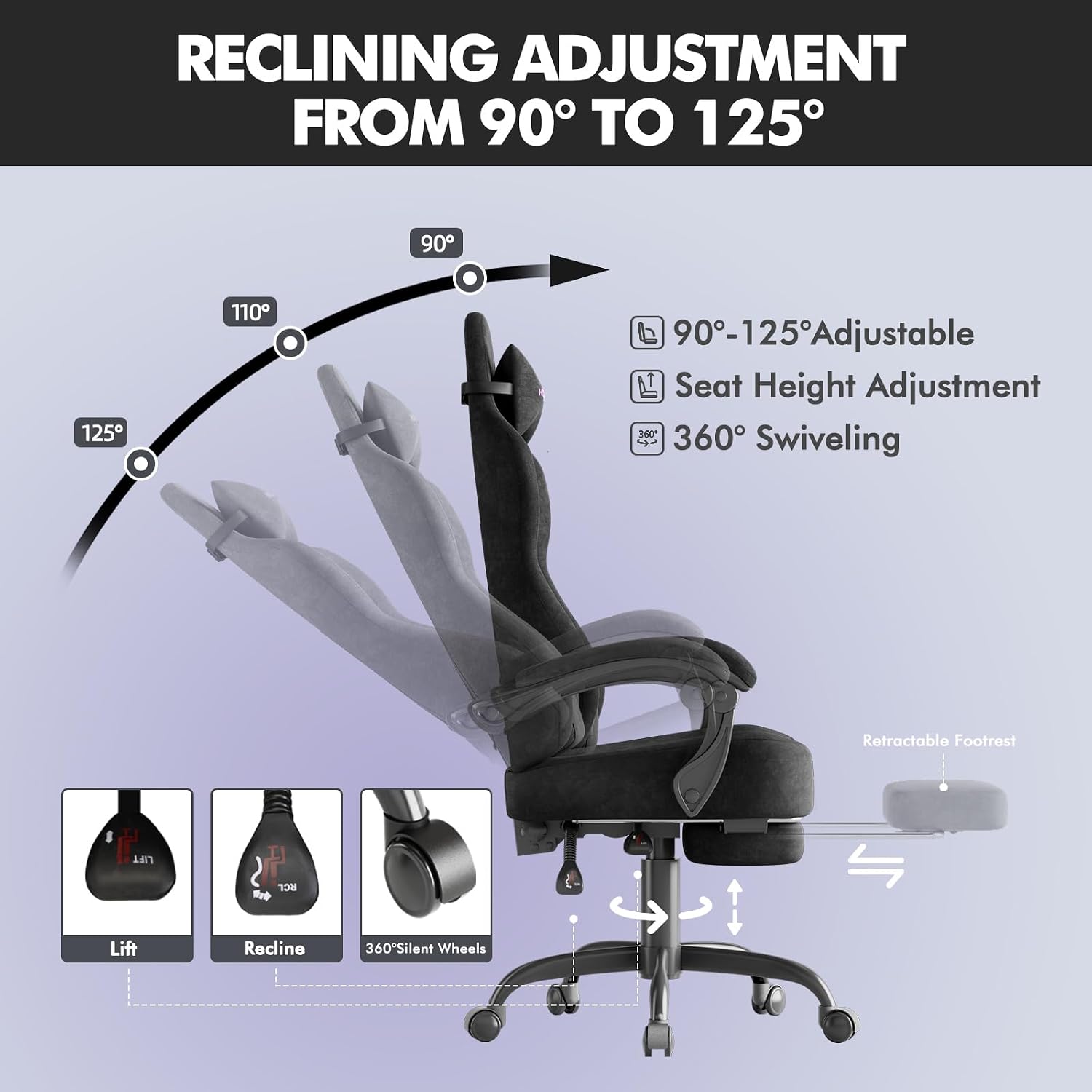 Ferghana Velvet Fabric Gaming Chair with 20.5″ Wider Seat Cushion, Fire Embroidery Ergonomic High Back Game Chair with Footrest, Computer Chair with Massage Lumbar Support for Adult, Black