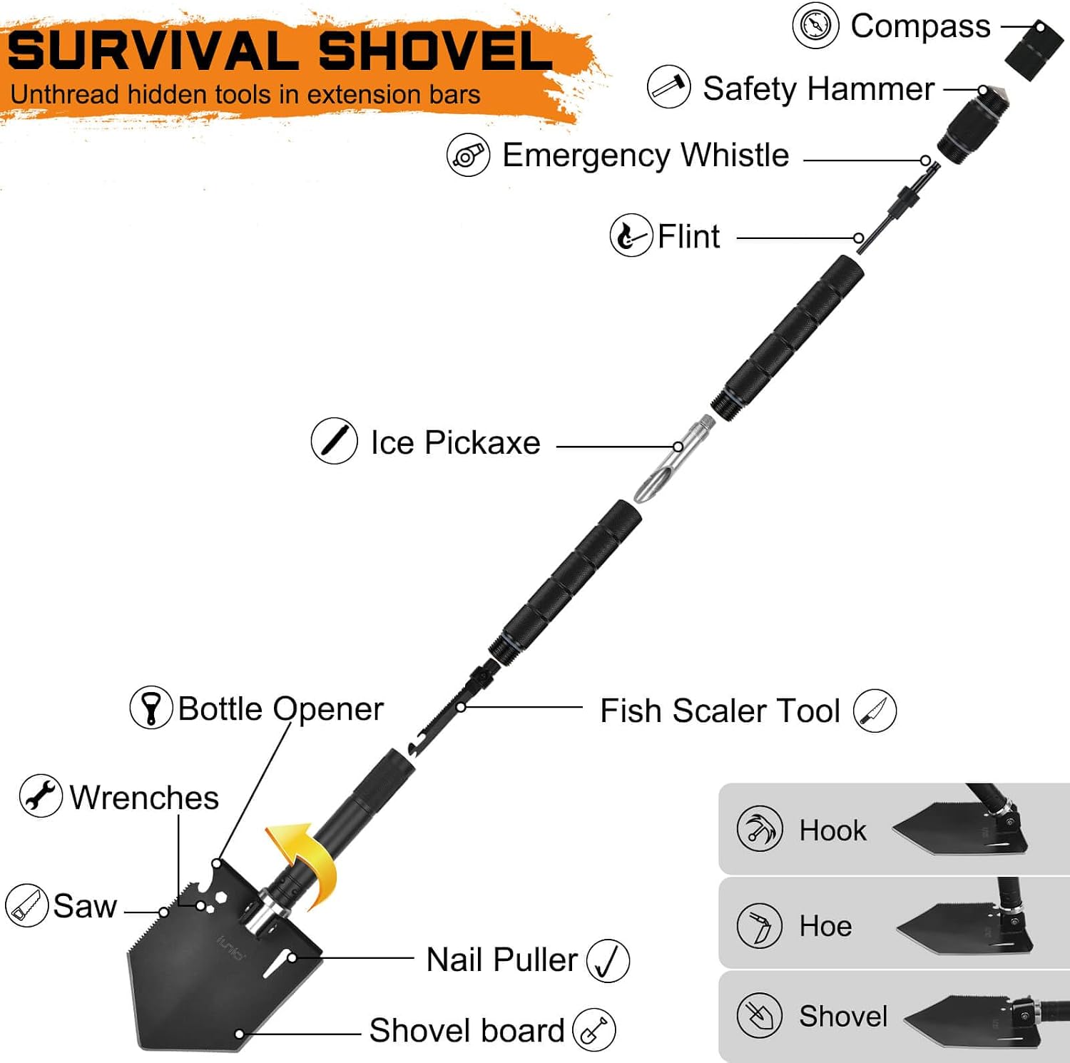 IUNIO Survival Off-Roading Tool Kit, 19 in 1 Folding Shovel, Camping Axe, Multitool, Pickaxe, with Carrying Bag, for Outdoor, Car Emergency (Upgrade Black)