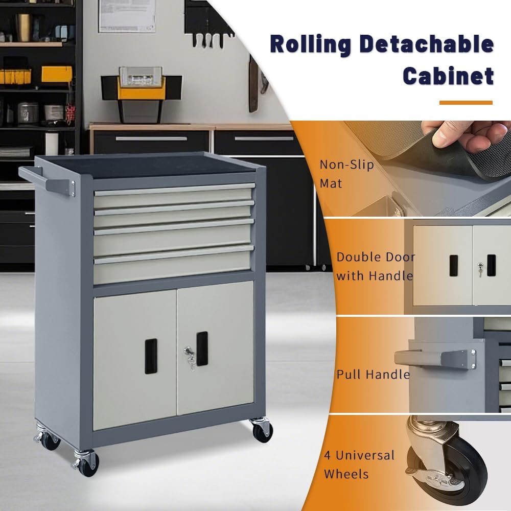 13-Drawer Rolling Tool Chest with Double Doors, 2 in 1 Detachable Rolling Tool Chest with Drawers, Mobile Tool Cabinet Combo, Metal Large Lockable Tool Box for Garage Workshop (Gray)