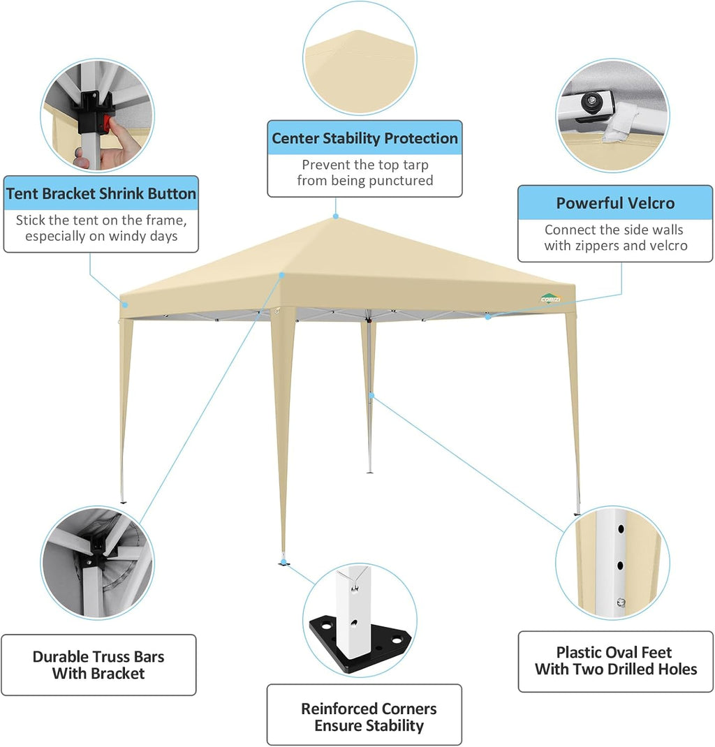 COBIZI 10x10 Pop Up Canopy Tent with 4 Sidewalls,10x10 Easy Up Waterproof Canopy Tents for Parties Camping Exhibition, Outdoor Easy Set U Gazebo Tent with Carry Bag,8 Stakes & 4 Ropes (Khaki)