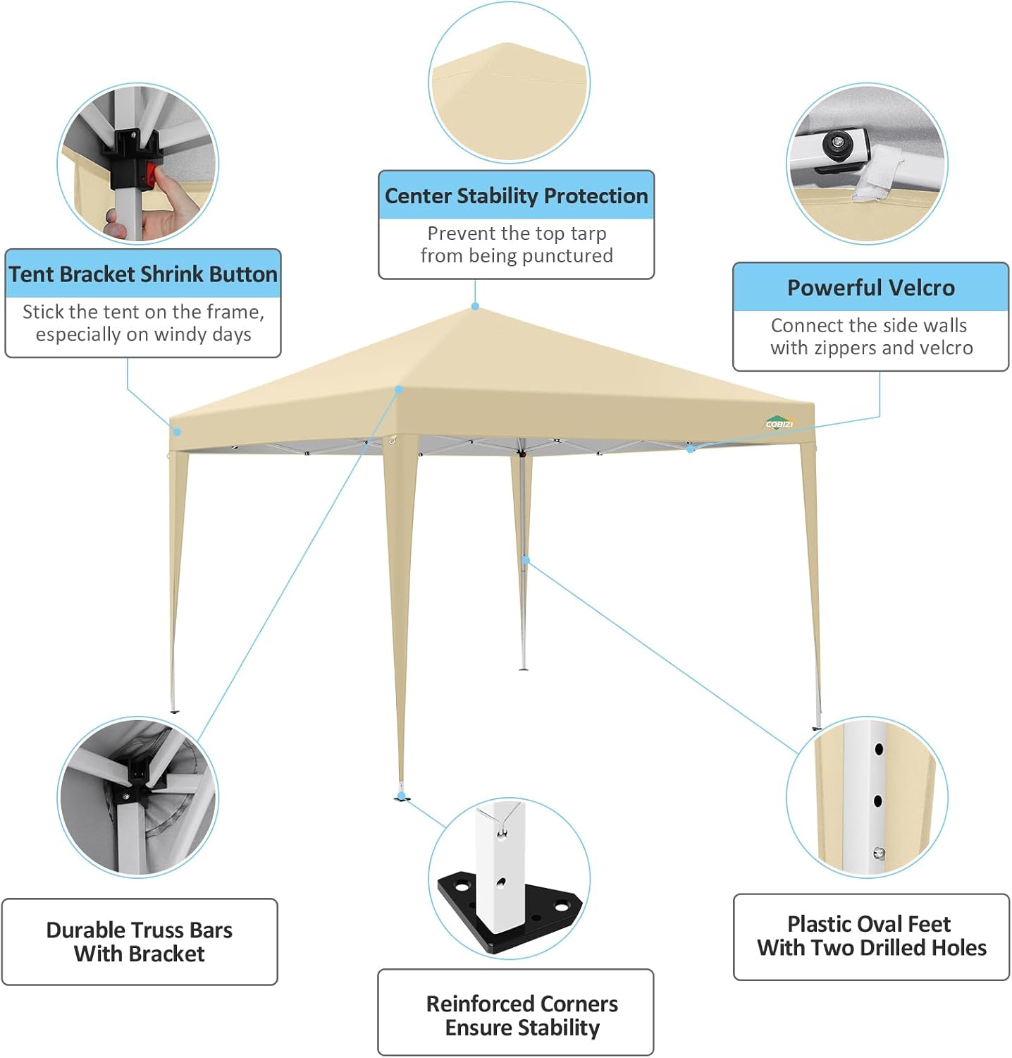 COBIZI 10x10 Pop Up Canopy Tent with 4 Sidewalls,10x10 Easy Up Waterproof Canopy Tents for Parties Camping Exhibition, Outdoor Easy Set U Gazebo Tent with Carry Bag,8 Stakes & 4 Ropes (Khaki)