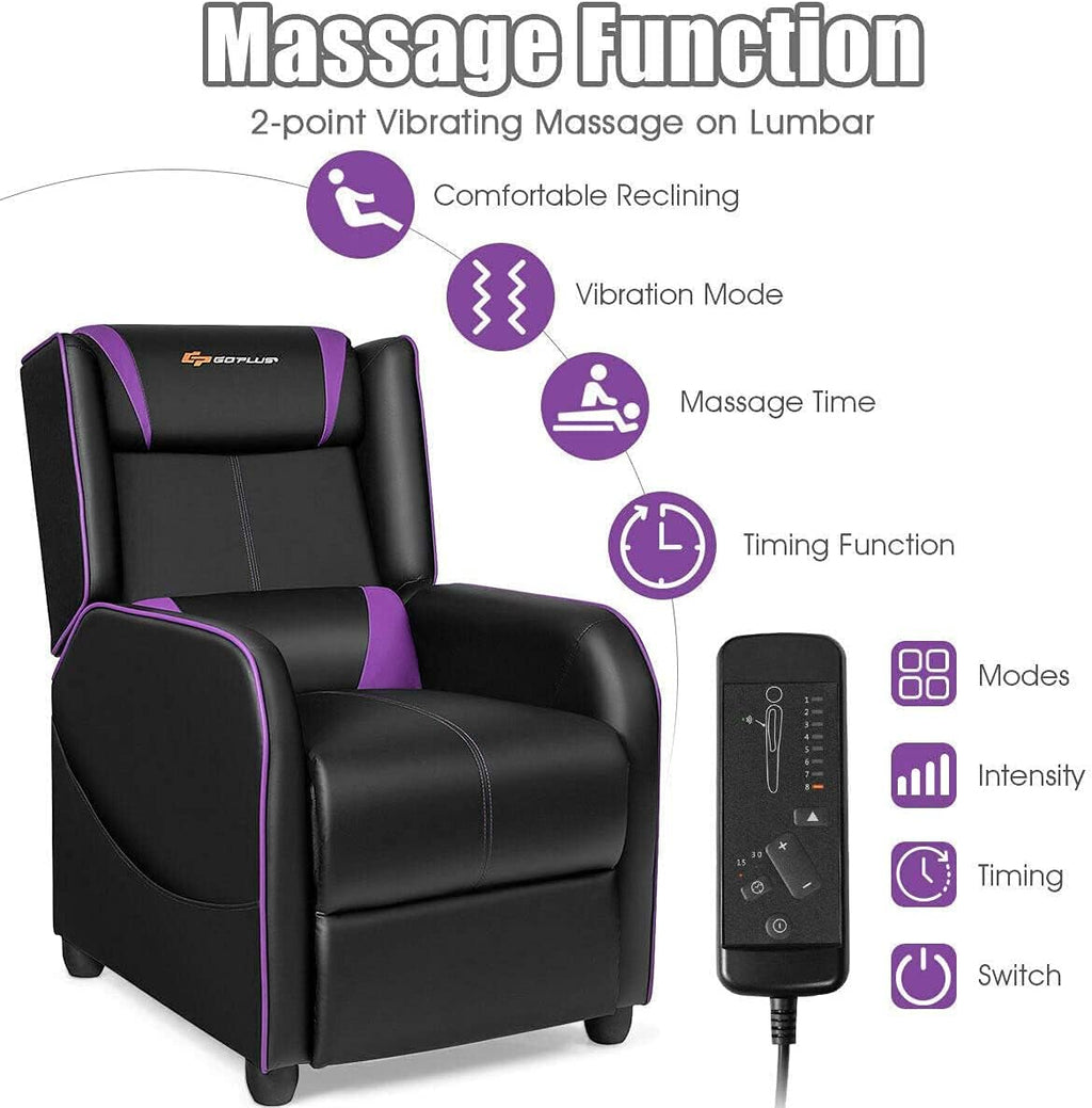 LDAILY Massage Recliner Chair, Racing Style Gaming Chair w/Massage Lumbar Cushion, Footrest & Headrest, Ergonomic PU Leather Single Recliner Sofa for Living Room Home Office (Purple)