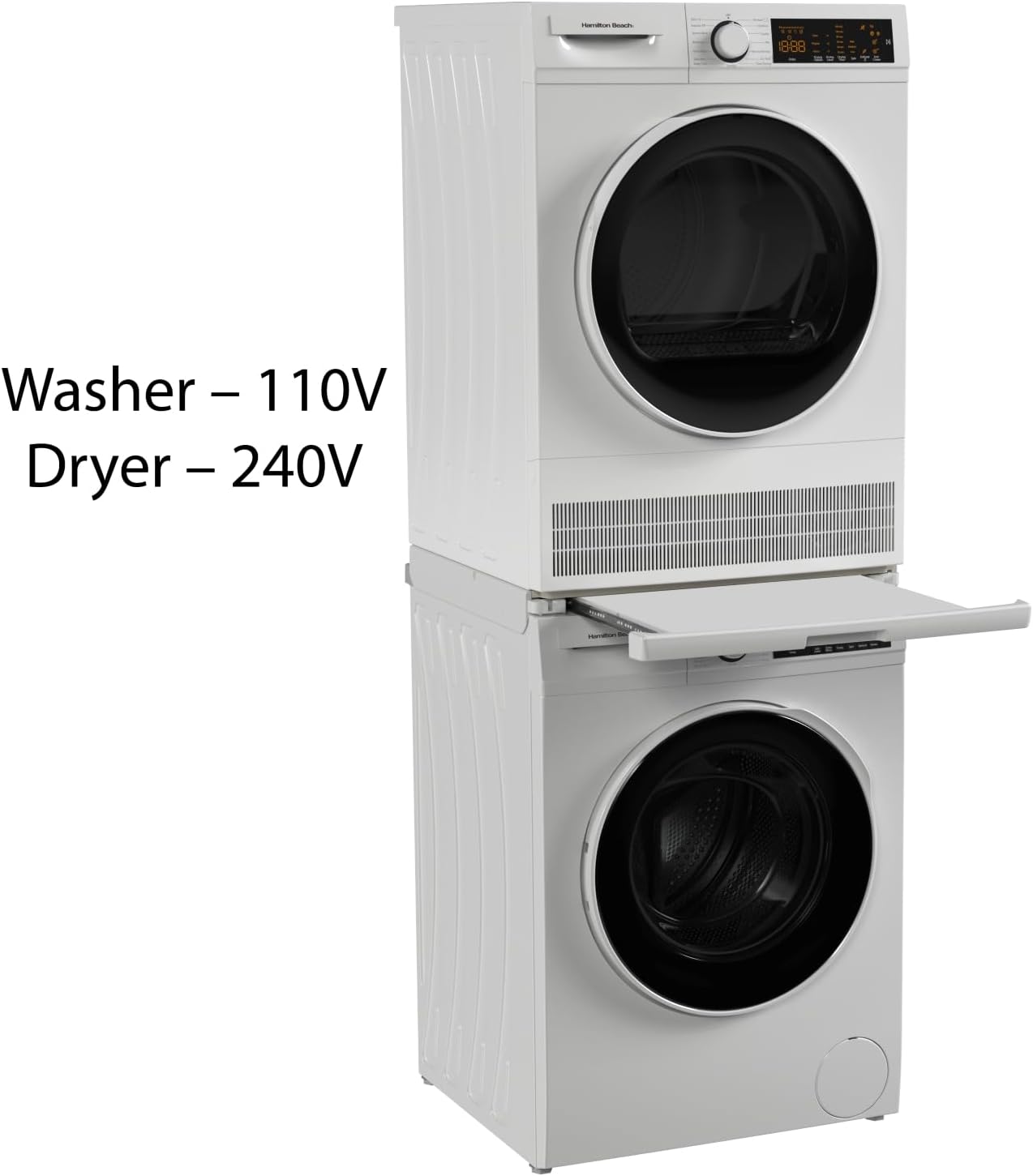 Hamilton Beach Fullsize 2.2 cu ft Front Load Washer and 4 cu ft Dryer Combo - 24' Wide - includes Stacking Kit and Drawer