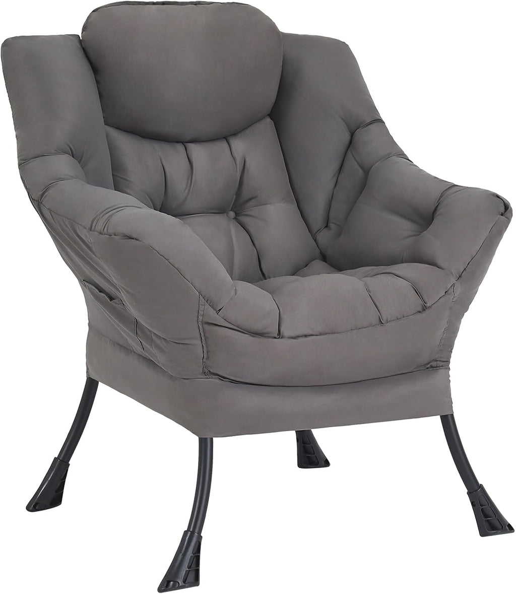 Welnow Dark Grey Single Lazy Chair for Living Room, Modern Reading Accent Chair with Armrests and a Side Pocket, Leisure Lazy Sofa Chair for Small Space, Bedroom, Dorm