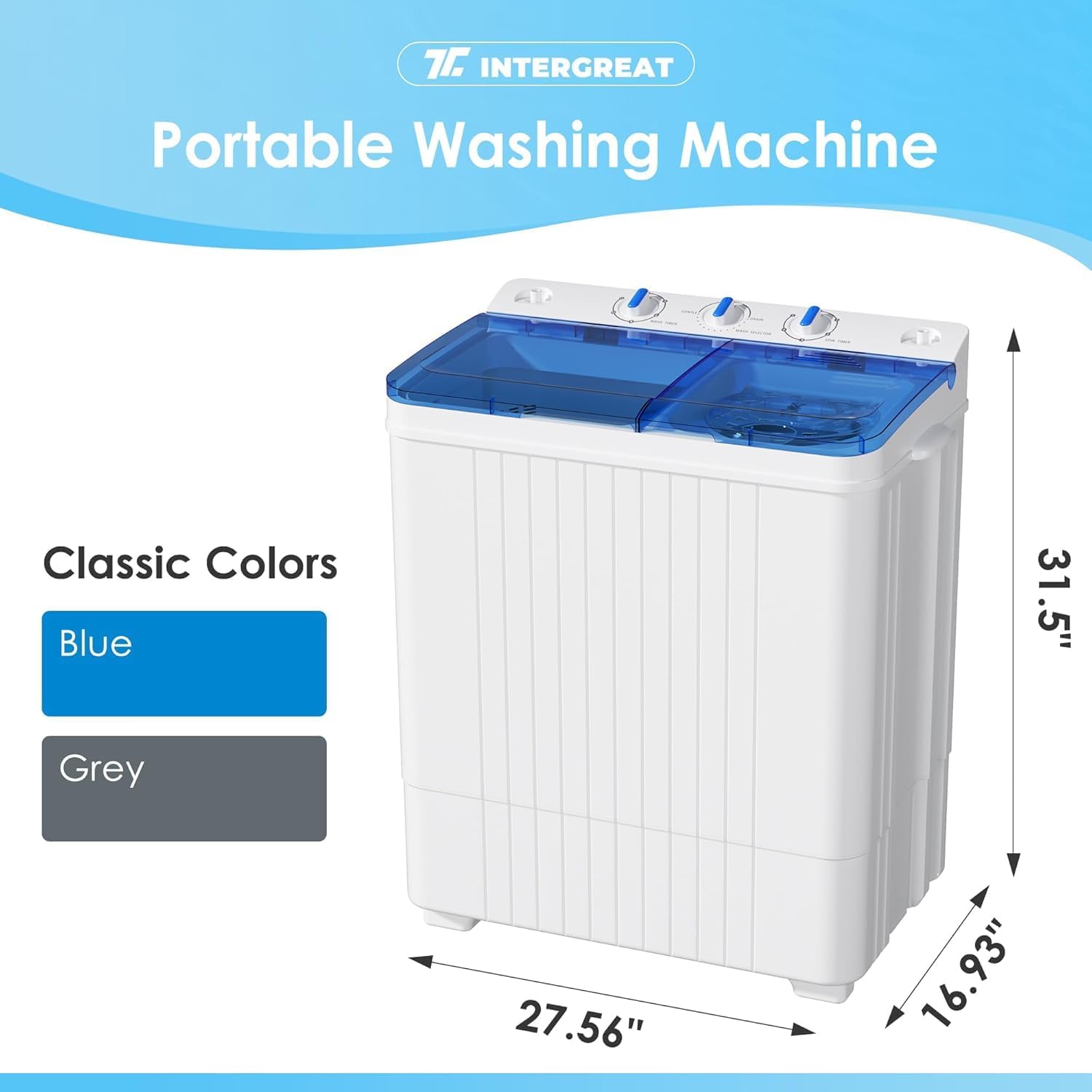 28lbs Portable Twin Tub Washing Machine & Spin Dryer Combo-Silver Ion Deep Cleaning, Dual Timer Control, Gentle/Normal Modes, Mini Laundry for Apartment, Dorm, RV, Camping (Blue)