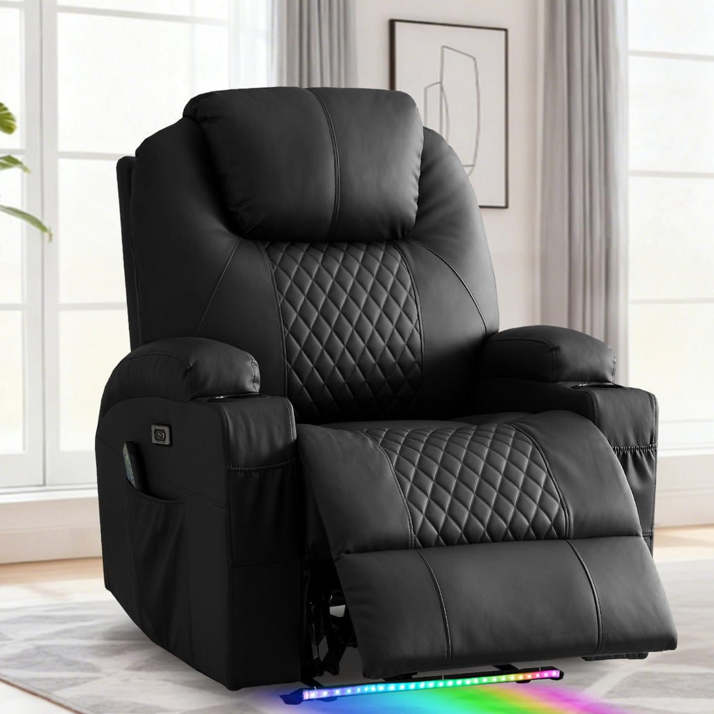 Power Recliner Chair with Heat and Massage for Adults - Home Theater Seating with LED Lights,Cup Holders,Side Pocket,USB Port - Recliner Sofa for Living Room (Black, Single Recliner)
