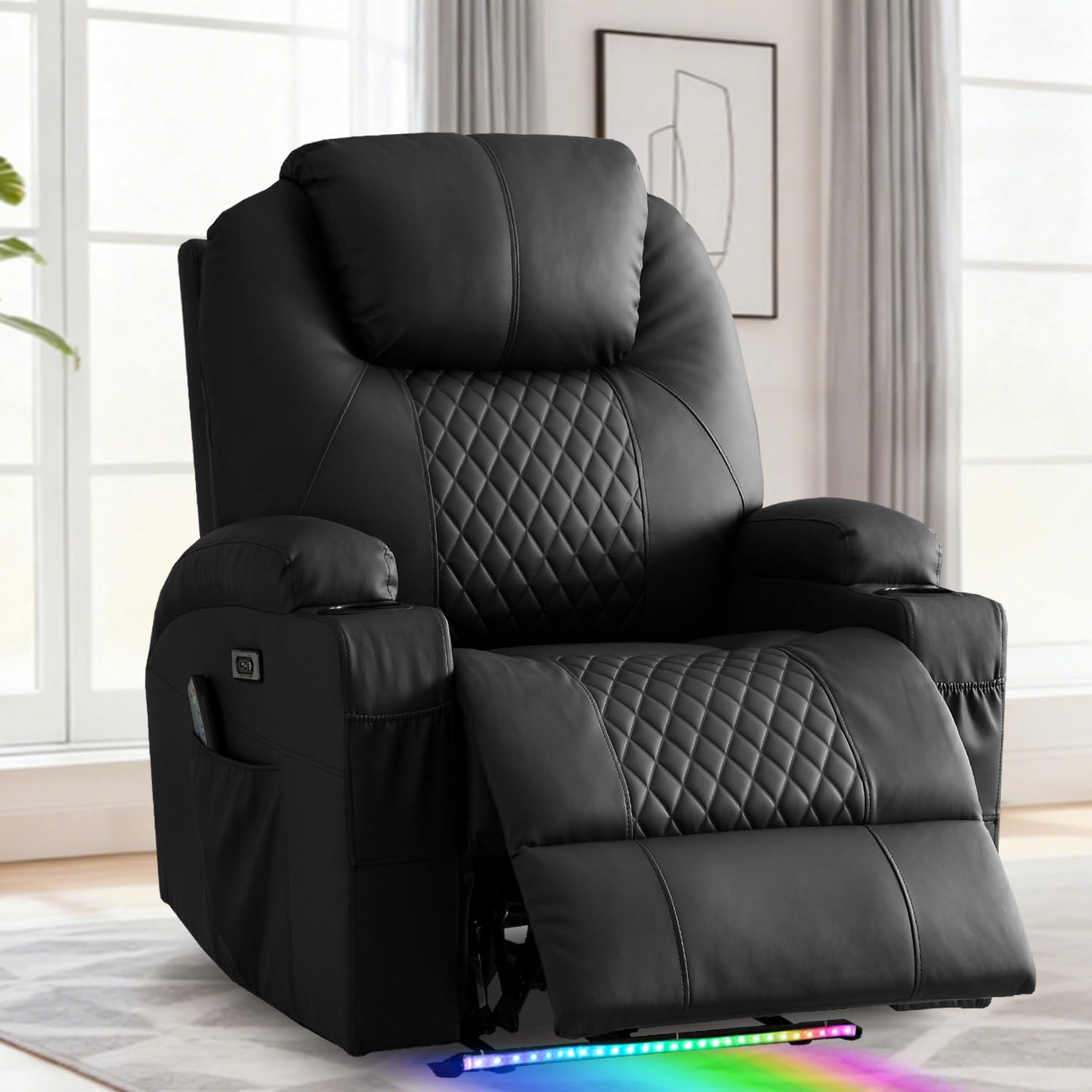 Power Recliner Chair with Heat and Massage for Adults - Home Theater Seating with LED Lights,Cup Holders,Side Pocket,USB Port - Recliner Sofa for Living Room (Black, Single Recliner)