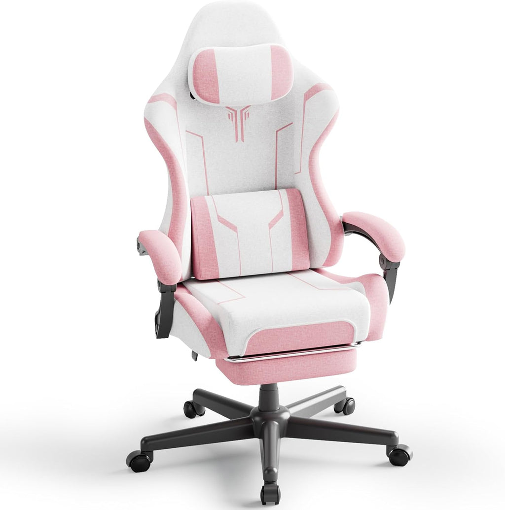 Ferghana Gaming Chair, Cloth Fabric Ergonomic Computer Chair with Massage Lumbar Support, High Back Office Game Chair with Footrest and Linkage Armrest for Adult, White/Pink