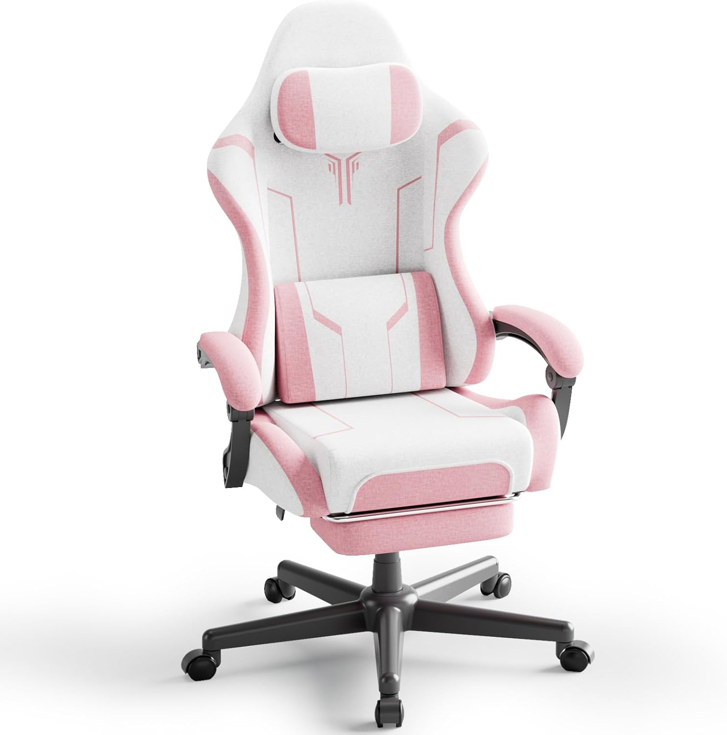 Ferghana Gaming Chair, Cloth Fabric Ergonomic Computer Chair with Massage Lumbar Support, High Back Office Game Chair with Footrest and Linkage Armrest for Adult, White/Pink