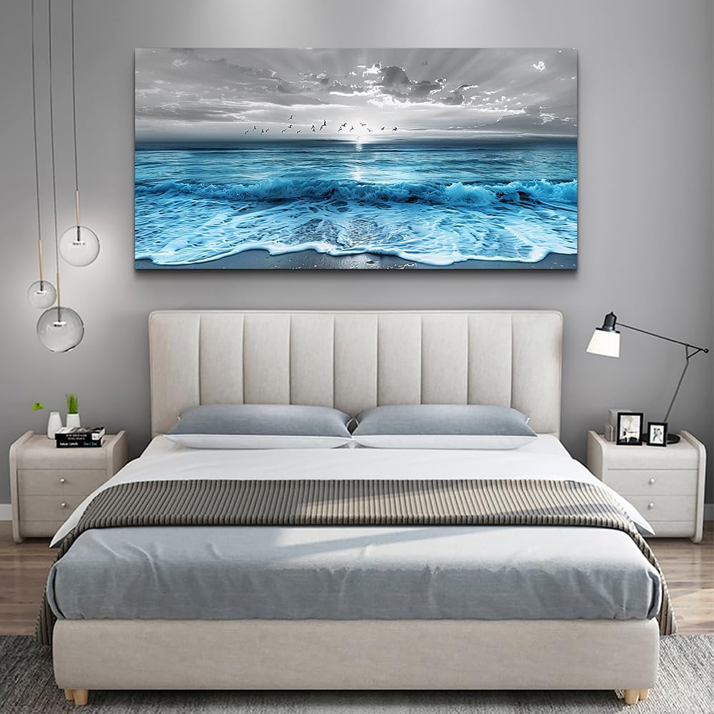 ERQINHUA Large Canvas Printed Artworks Mural Wall Decor For Living Room Wall Art For Bedroom Office Restaurant Decoration Blue Sea Wave Ocean Paintings Beach Wall Pictures Modern Home Decor 30'X60'