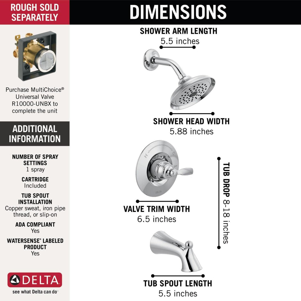 Delta Woodhurst 14 Series Bathtub and Shower Faucet Set, Chrome Shower Head and Handle Set, Valve Trim Kit, Chrome T14432 (Valve Not Included)