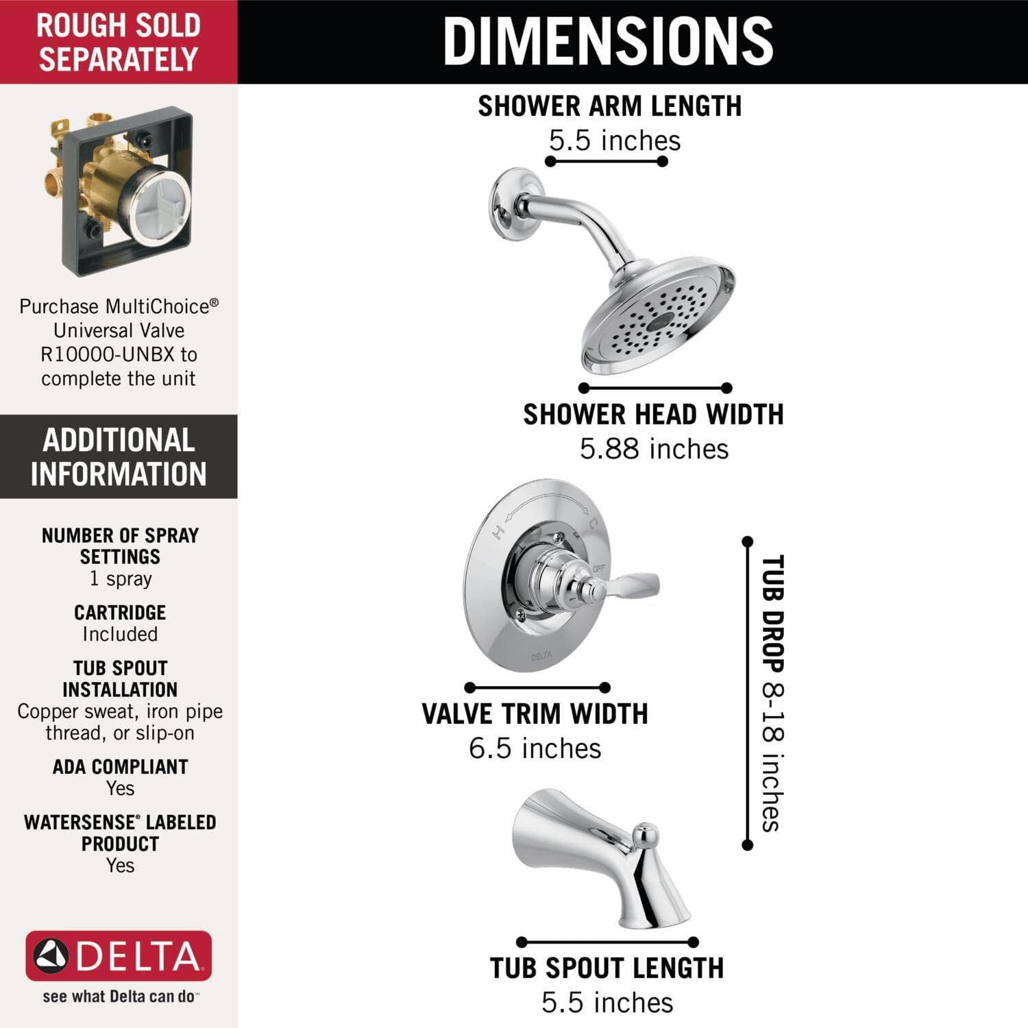 Delta Woodhurst 14 Series Bathtub and Shower Faucet Set, Chrome Shower Head and Handle Set, Valve Trim Kit, Chrome T14432 (Valve Not Included)