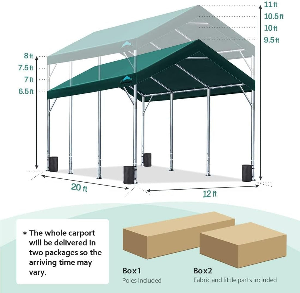 ADVANCE OUTDOOR 12x20 ft Canopy Garage Heavy Duty Carport Car Boat Shelter Party Tent, Adjustable Peak Height from 9.5ft to 11ft, Green