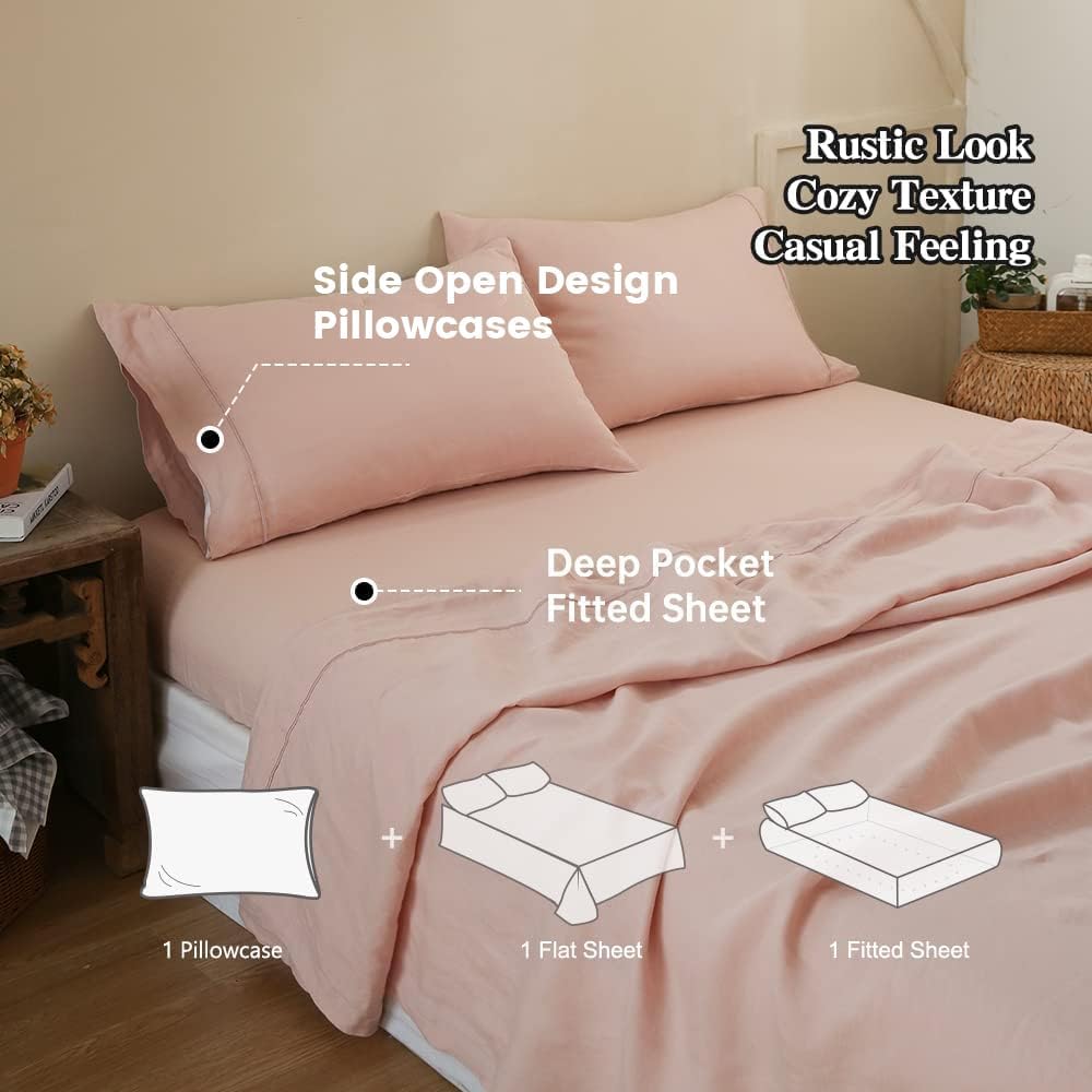 Simple&Opulence 100% Linen Sheet Set with Embroidery Washed - 4 Pieces (1 Flat Sheet & 1 Fitted Sheet & 2 Pillowcases) Natural Flax Soft Bedding Breathable Farmhouse - Pink, Full Size