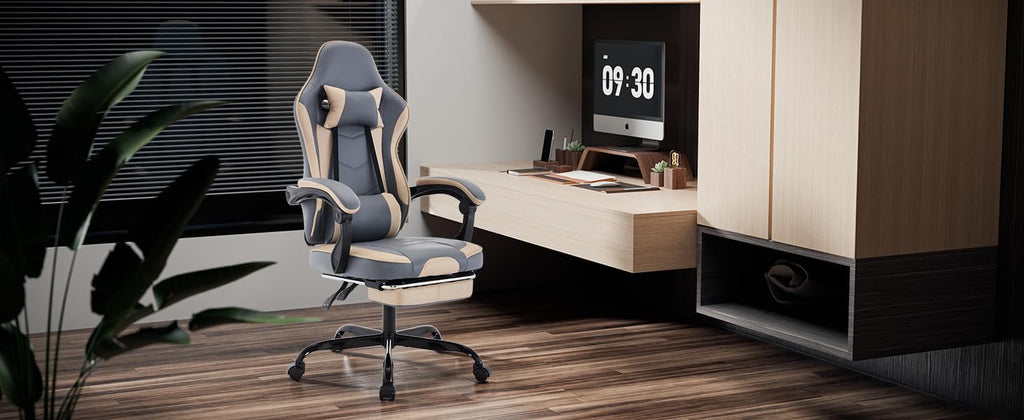 Gaming Chair with Massage and Footrest, Ergonomic High Back PC Racing Chair, 300LBS Capacity with Adjustable Lumbar Support & Headrest for Office and Desk (Model E, Beige+Blue)