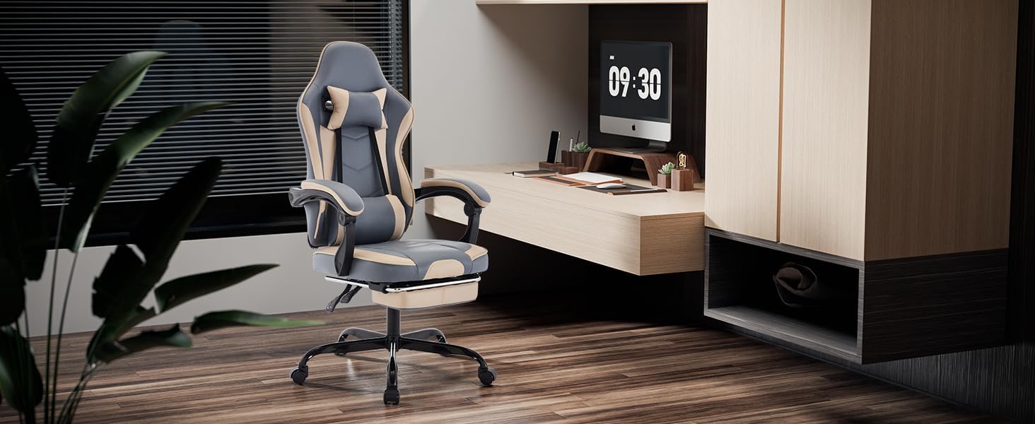 Gaming Chair with Massage and Footrest, Ergonomic High Back PC Racing Chair, 300LBS Capacity with Adjustable Lumbar Support & Headrest for Office and Desk (Model E, Beige+Blue)