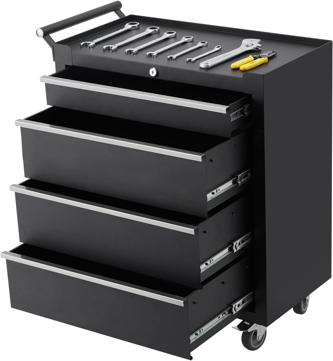 4 Compartment Tool Box 4 Compartment Tool Cart with Drawers Mobile Tool Cabinet with Key Lock and Drawer Liner Black 4 Compartment Drawer for Garages, Warehouses, Workshops and Repair Shops