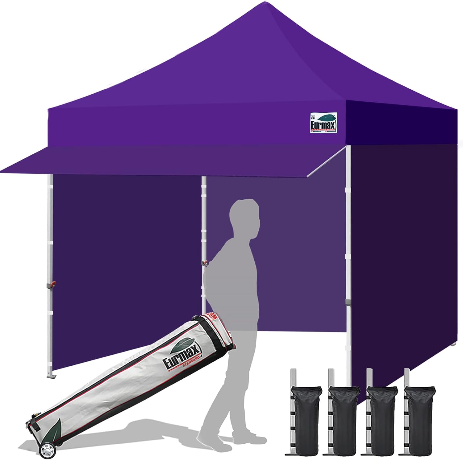 Eurmax USA 10x10 Pop Up Canopy,Commercial Tent with Patented No-Tip Rolling Bag,24sqft Extension Awning & 4 Zippered Removable Walls,UV & Water Resistant,Heavy Duty Instant Shelter Gazebo,Purple