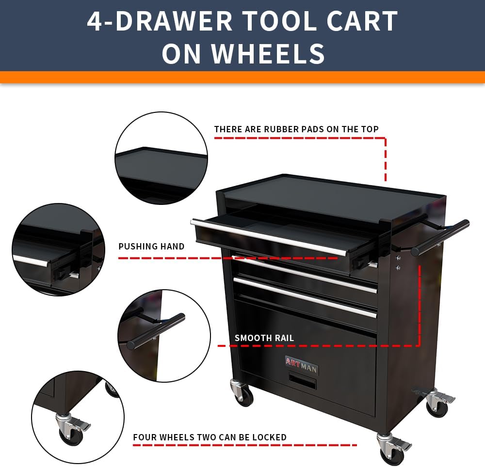 4-Drawer Black Tool Box on Wheels, Rolling Tool Cart, Lockable Home Repair Tool Storage Organizer for Mechanic, Garage